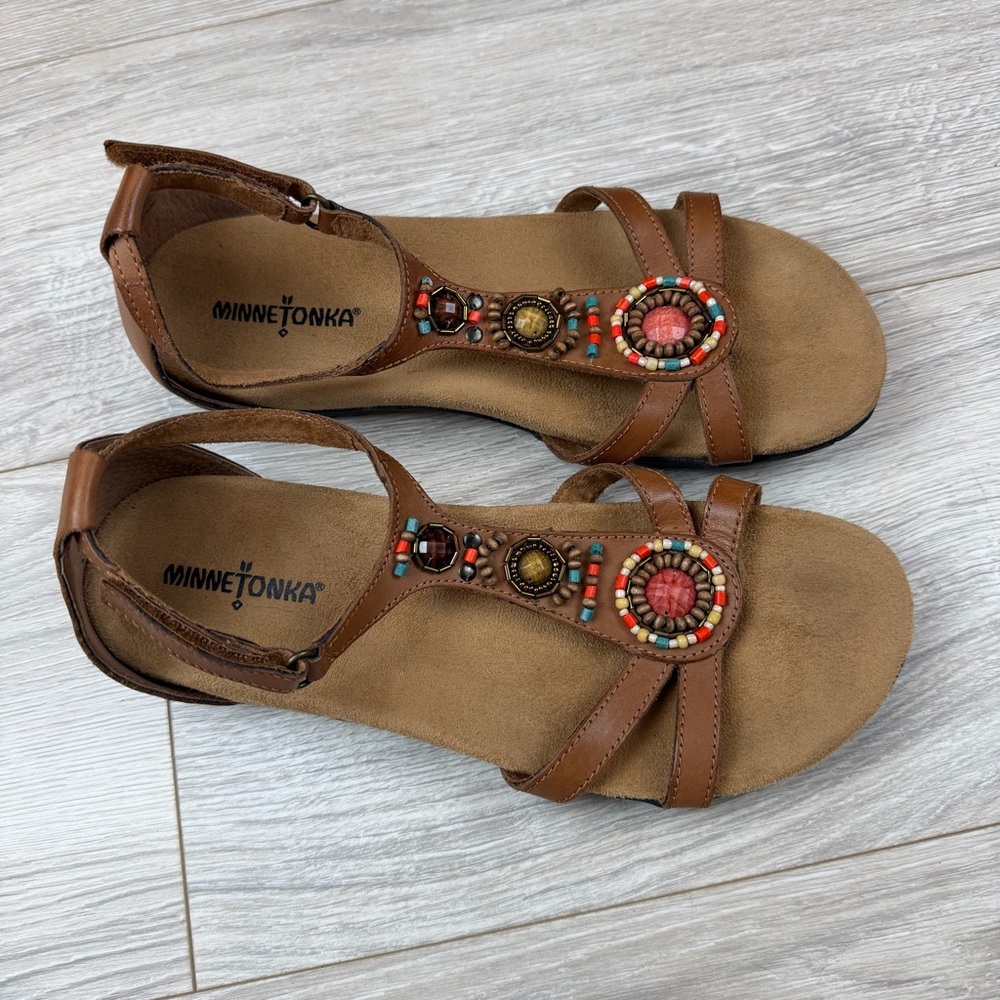 Minnetonka Brown Beaded T-Strap Sandals with Multicolor Accents